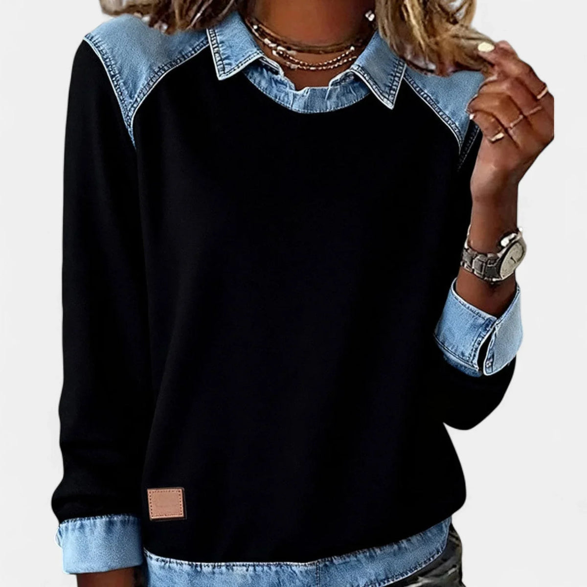 Women's denim contrast raglan knit sweater with collared neckline – Black