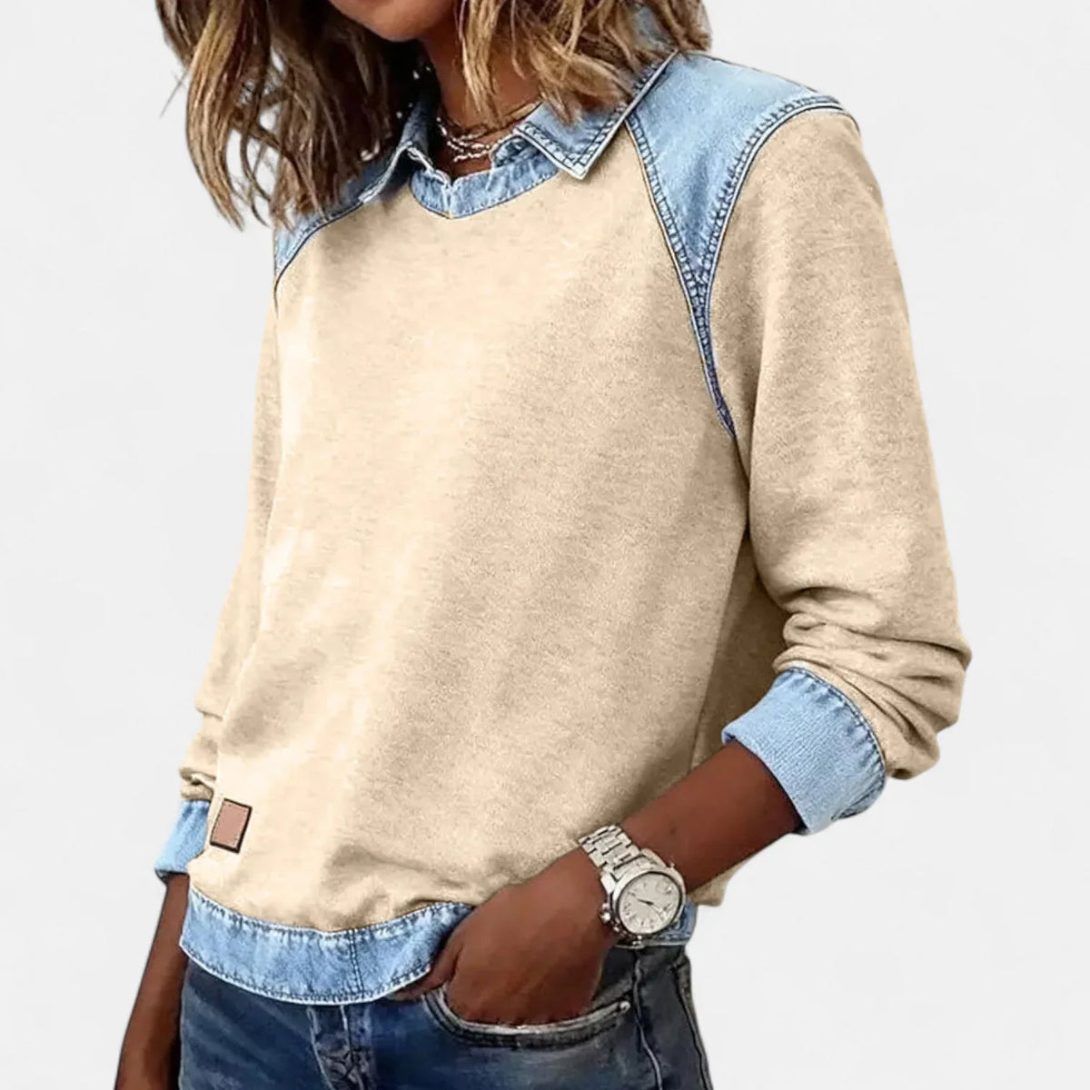 Women's denim contrast raglan knit sweater with collared neckline