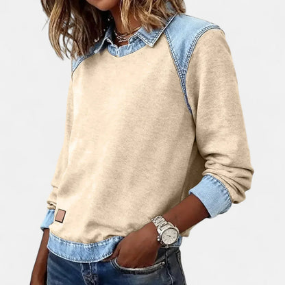 Women's denim contrast raglan knit sweater with collared neckline