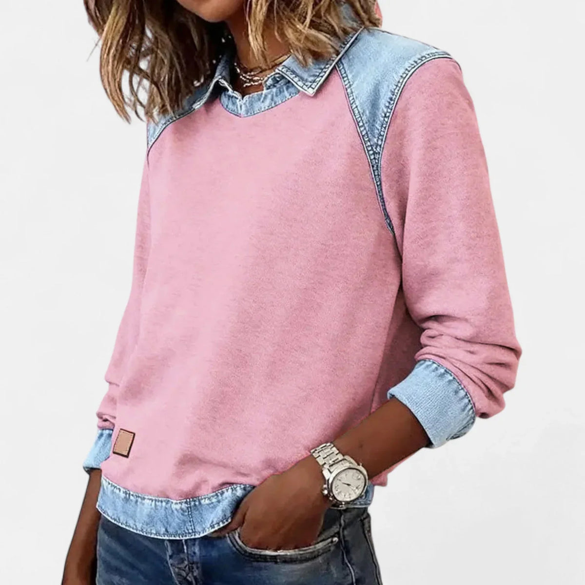 Women's denim contrast raglan knit sweater with collared neckline