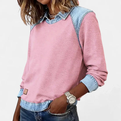 Women's denim contrast raglan knit sweater with collared neckline