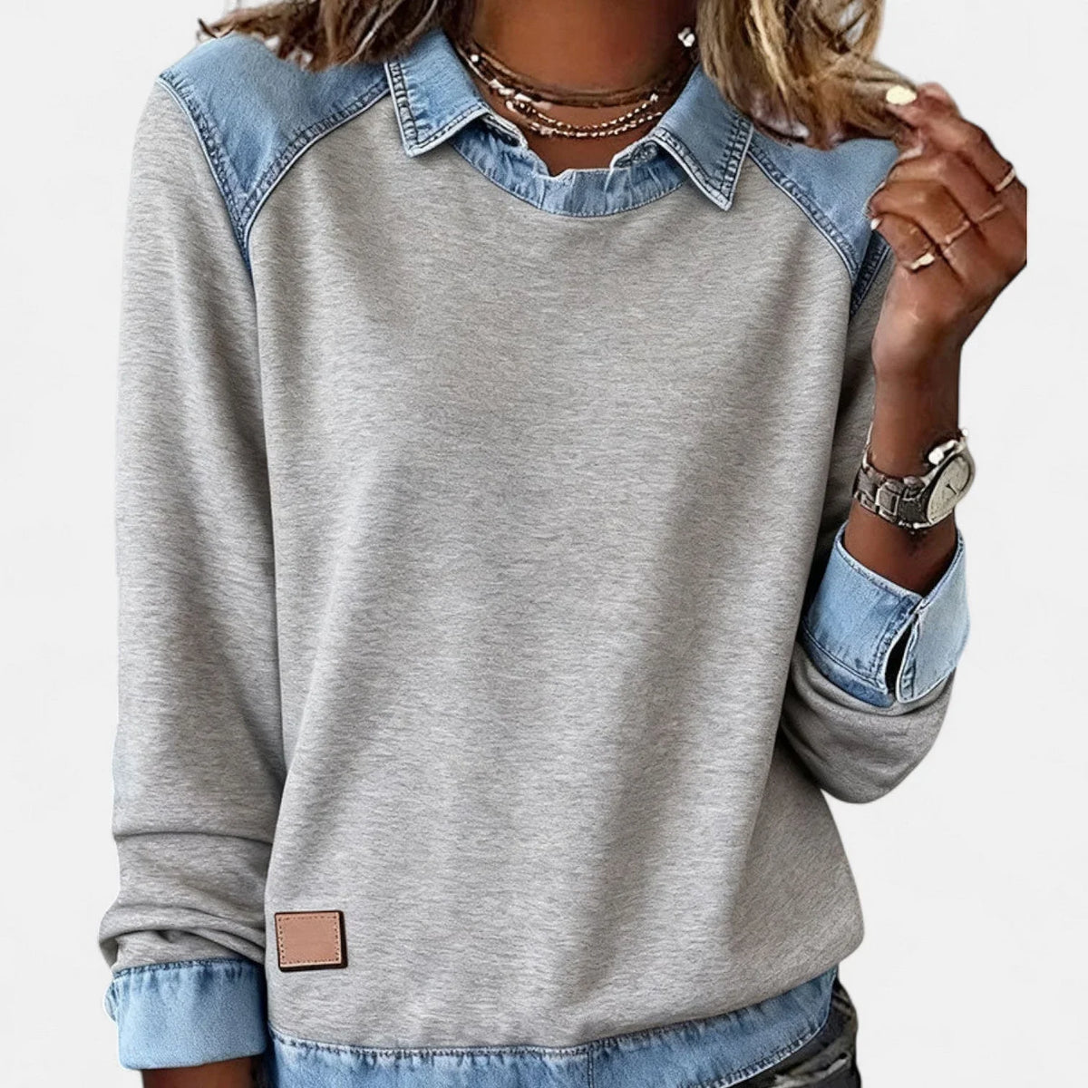 Women's denim contrast raglan knit sweater with collared neckline – Grey