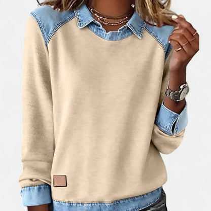 Women's denim contrast raglan knit sweater with collared neckline – Khaki