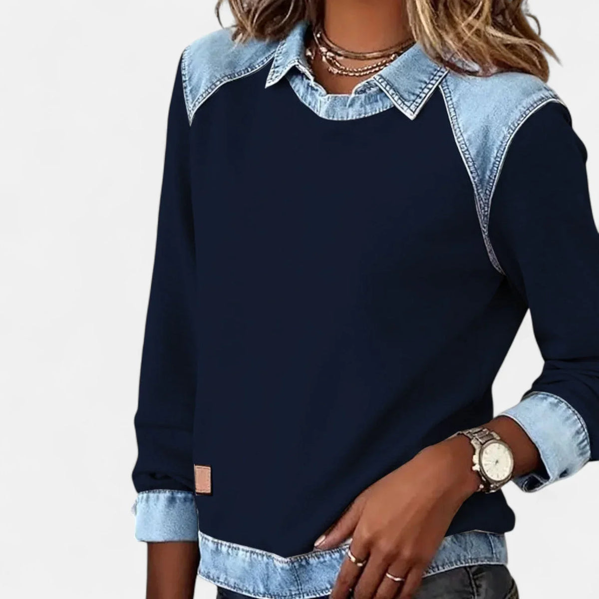 Women's denim contrast raglan knit sweater with collared neckline – Navy Blue