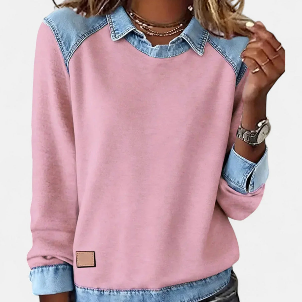 Women's denim contrast raglan knit sweater with collared neckline – Pink
