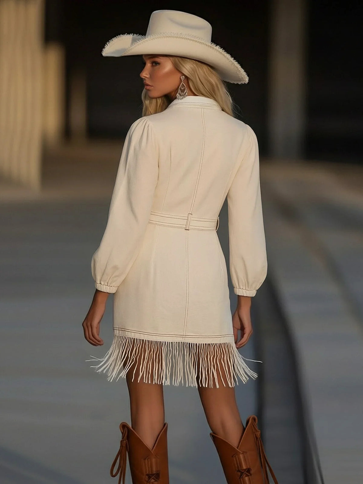 Women's denim fringe mini dress with collared V-neck and puffed sleeves – Beige