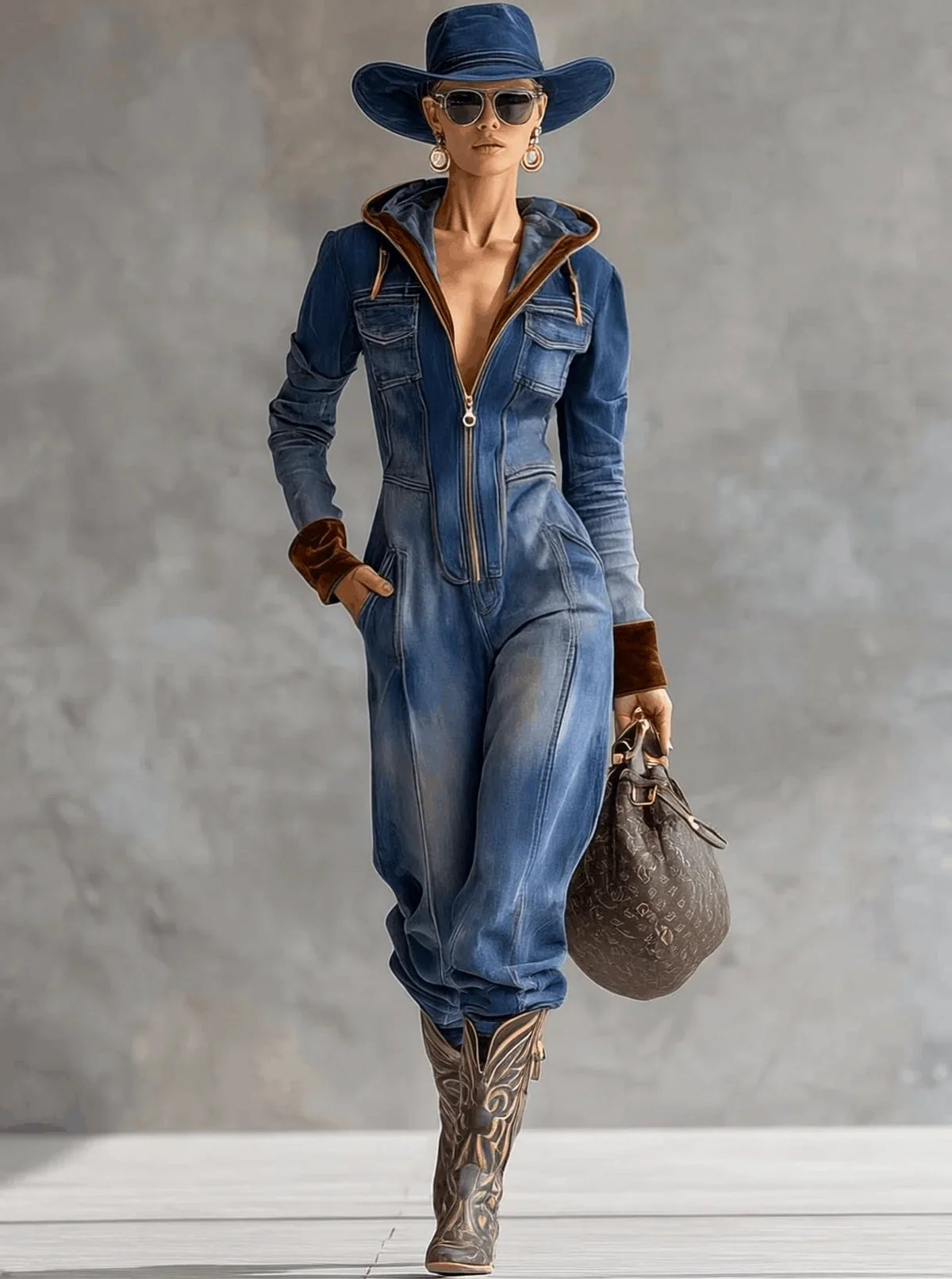 Women's denim hooded long-sleeve jumpsuit women with contrast cuffs and zip front – Blue