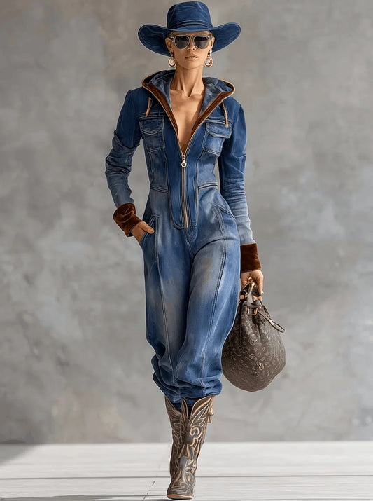 Women's denim hooded long-sleeve jumpsuit women with contrast cuffs and zip front – Blue