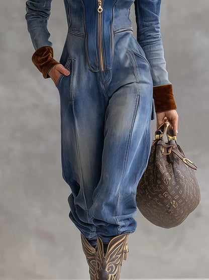 Women's denim hooded long-sleeve jumpsuit women with contrast cuffs and zip front – Blue