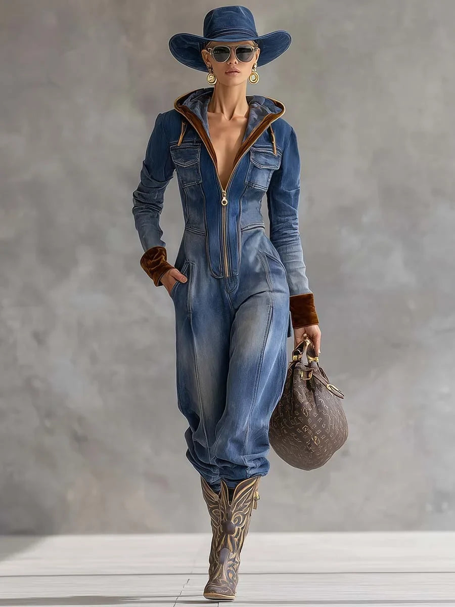 Women's denim hooded long-sleeve jumpsuit women with contrast cuffs and zip front – Blue