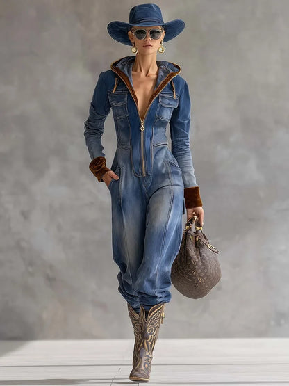 Women's denim hooded long-sleeve jumpsuit women with contrast cuffs and zip front – Blue