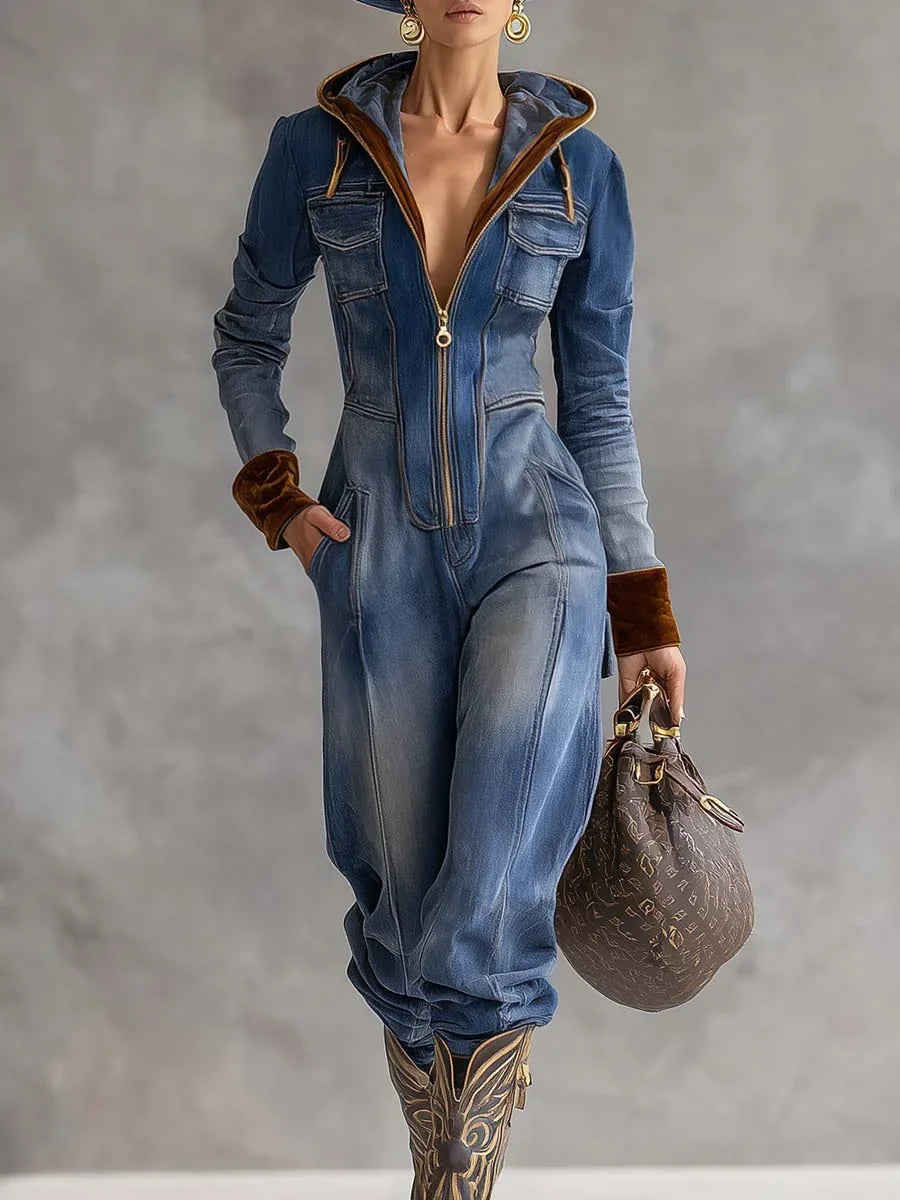 Women's denim hooded long-sleeve jumpsuit women with contrast cuffs and zip front – Blue