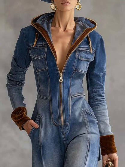 Women's denim hooded long-sleeve jumpsuit women with contrast cuffs and zip front – Blue