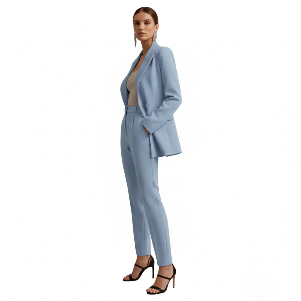 Women's denim jacket tailored double-breasted blazer suit with trousers
