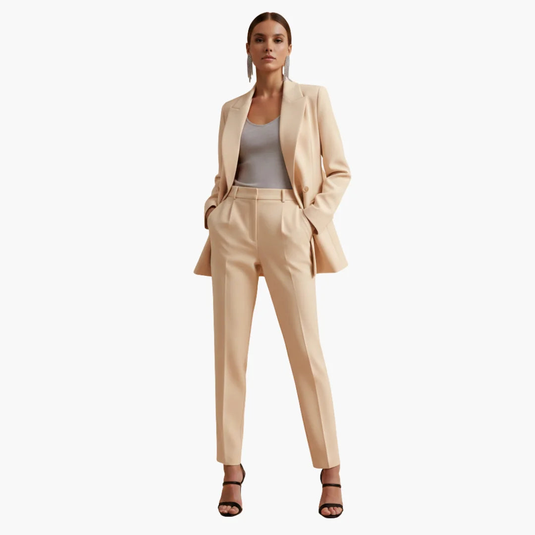 Women's denim jacket tailored double-breasted blazer suit with trousers – Apricot