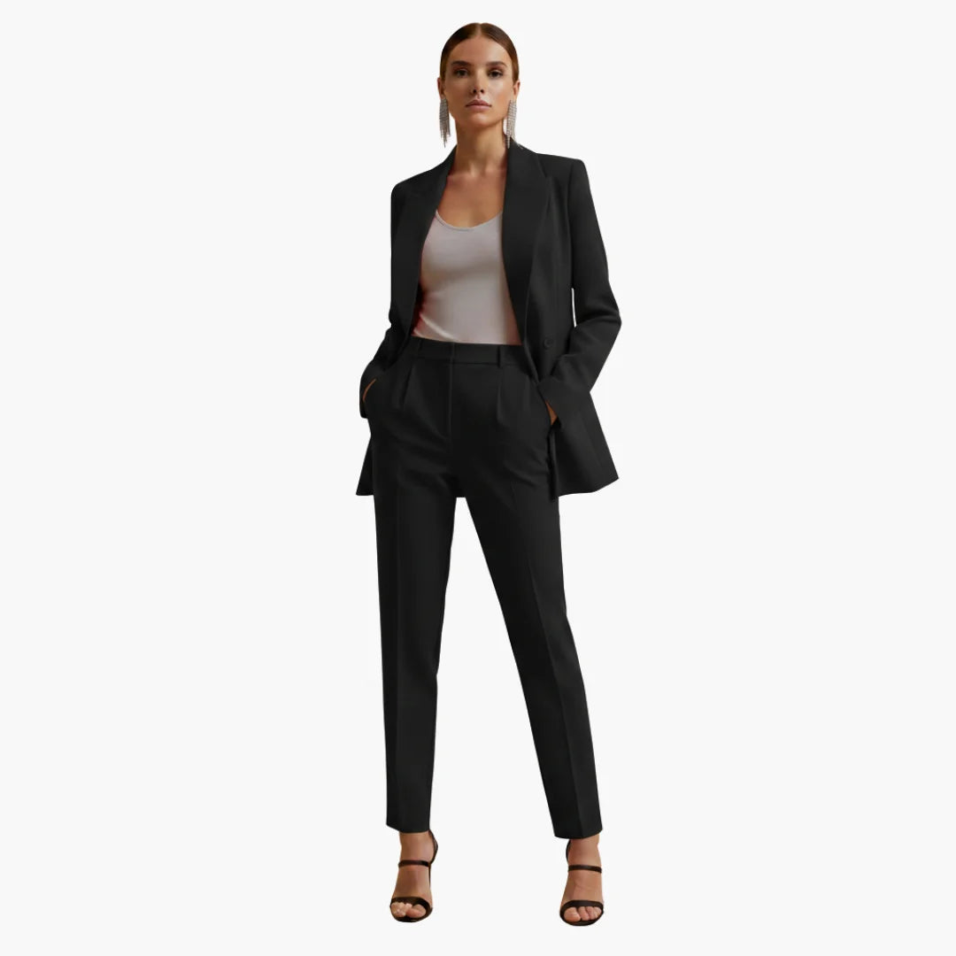 Women's denim jacket tailored double-breasted blazer suit with trousers – Black