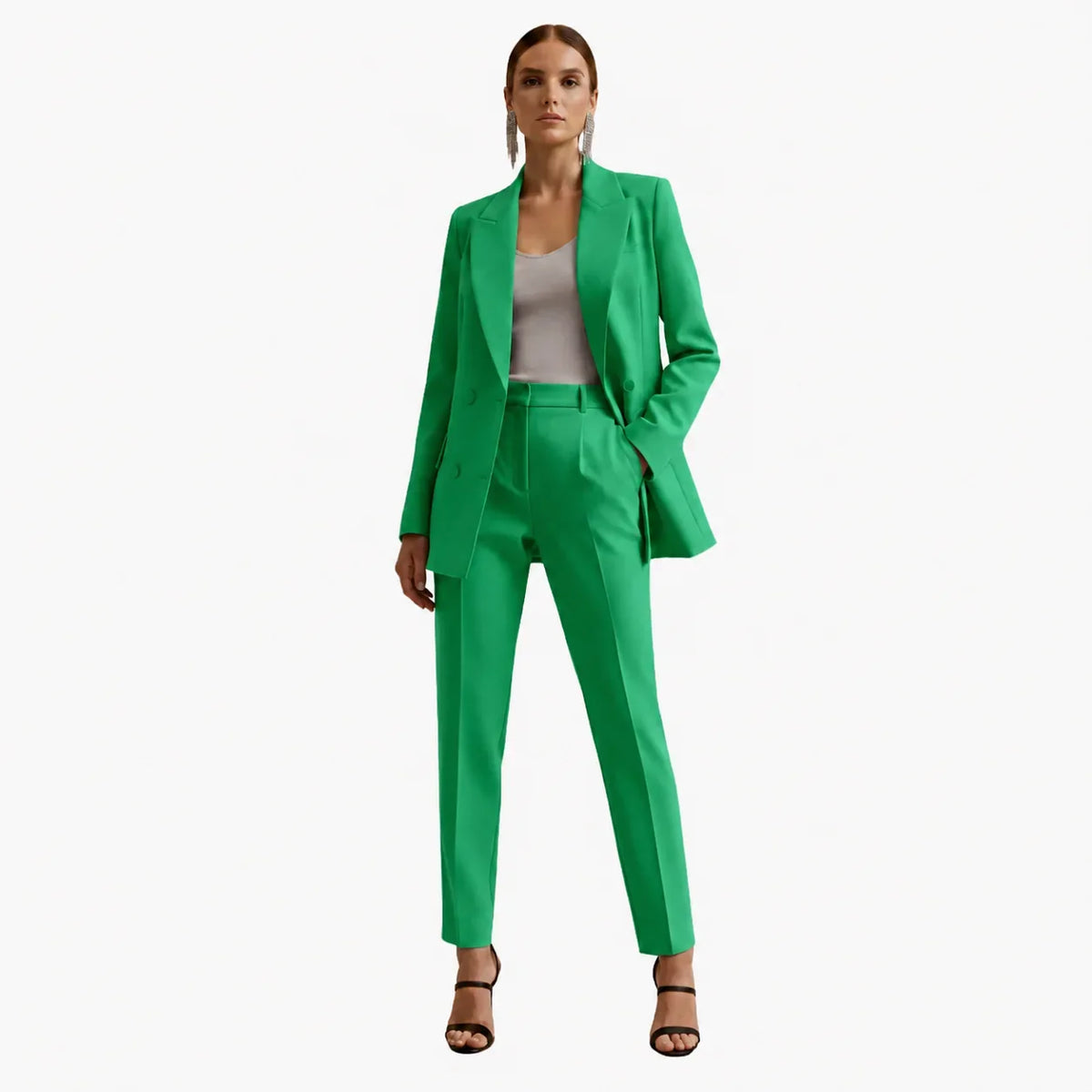 Women's denim jacket tailored double-breasted blazer suit with trousers – Dark Green