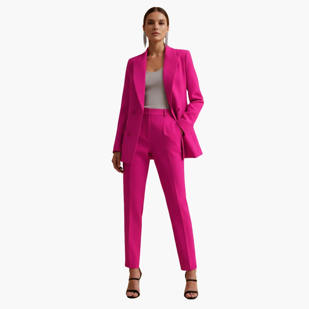 Women's denim jacket tailored double-breasted blazer suit with trousers – Dark Pink