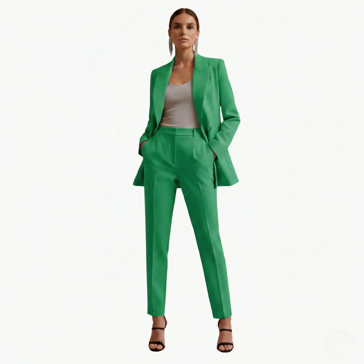 Women's denim jacket tailored double-breasted blazer suit with trousers – Green