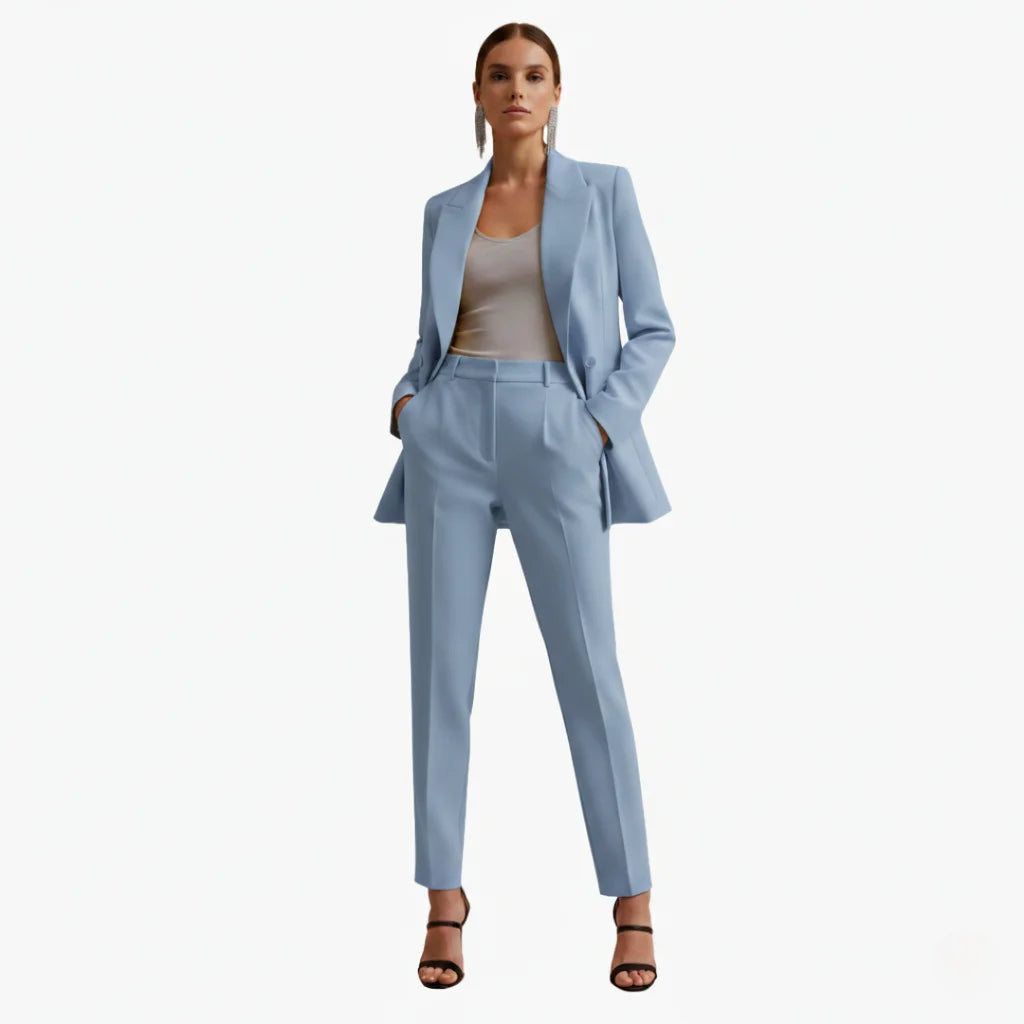 Women's denim jacket tailored double-breasted blazer suit with trousers – Light Blue
