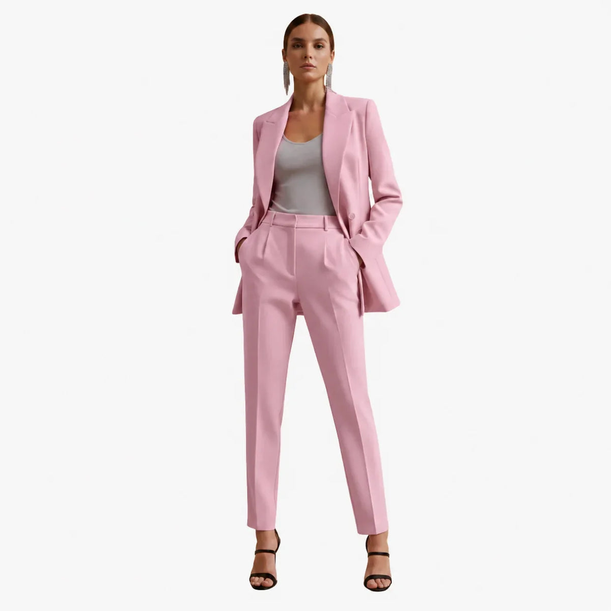 Women's denim jacket tailored double-breasted blazer suit with trousers – Pink