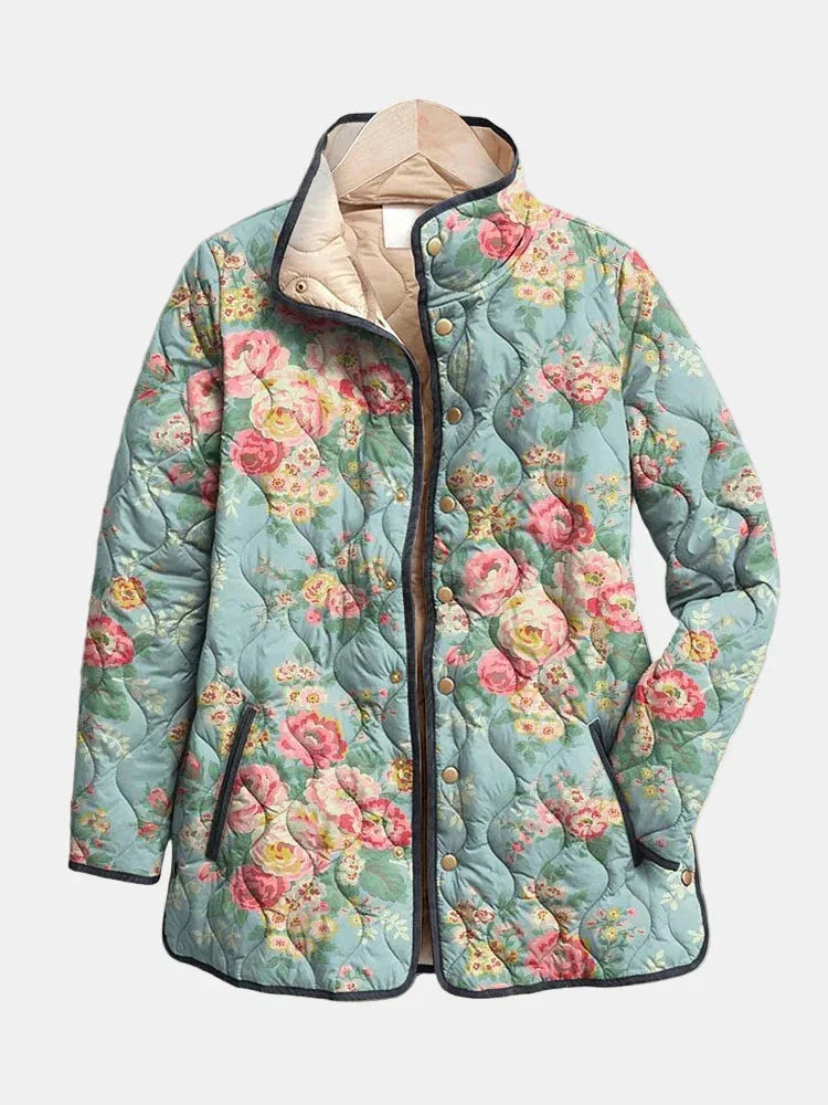 Women's denim-jacket-style quilted floral jacket with stand-up collar and snap buttons – Multicolor
