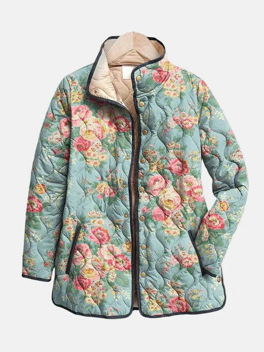 Women's denim-jacket-style quilted floral jacket with stand-up collar and snap buttons – Multicolor