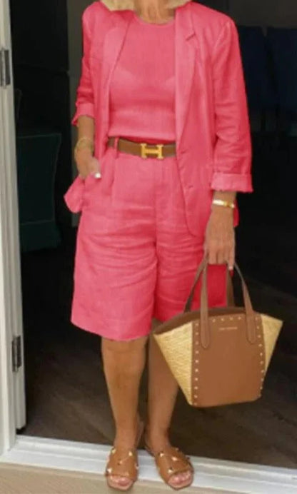 Women's denim jacket style two-piece set with 3/4 sleeve blazer and shorts – Pink