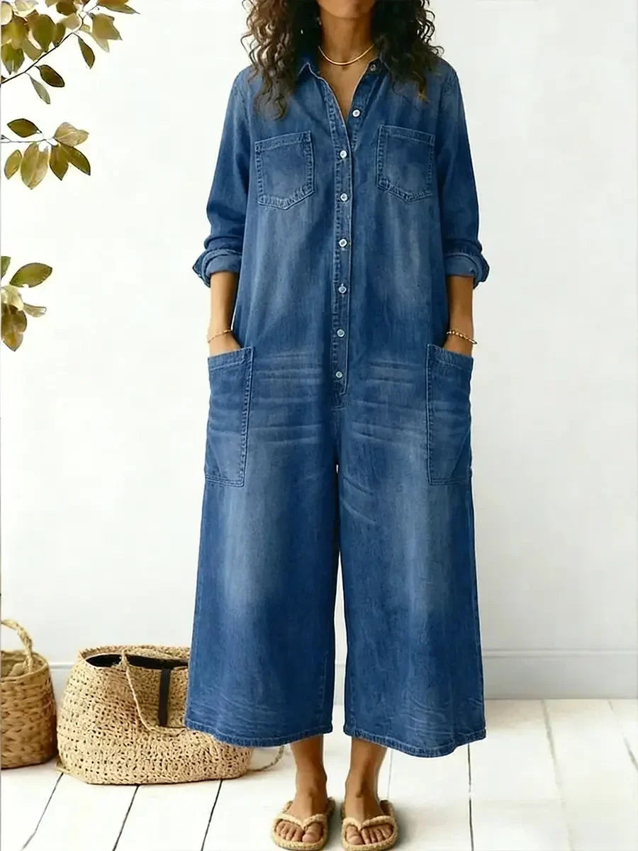 Women's denim jumpsuit with long-sleeve button-front and womens wide leg pants