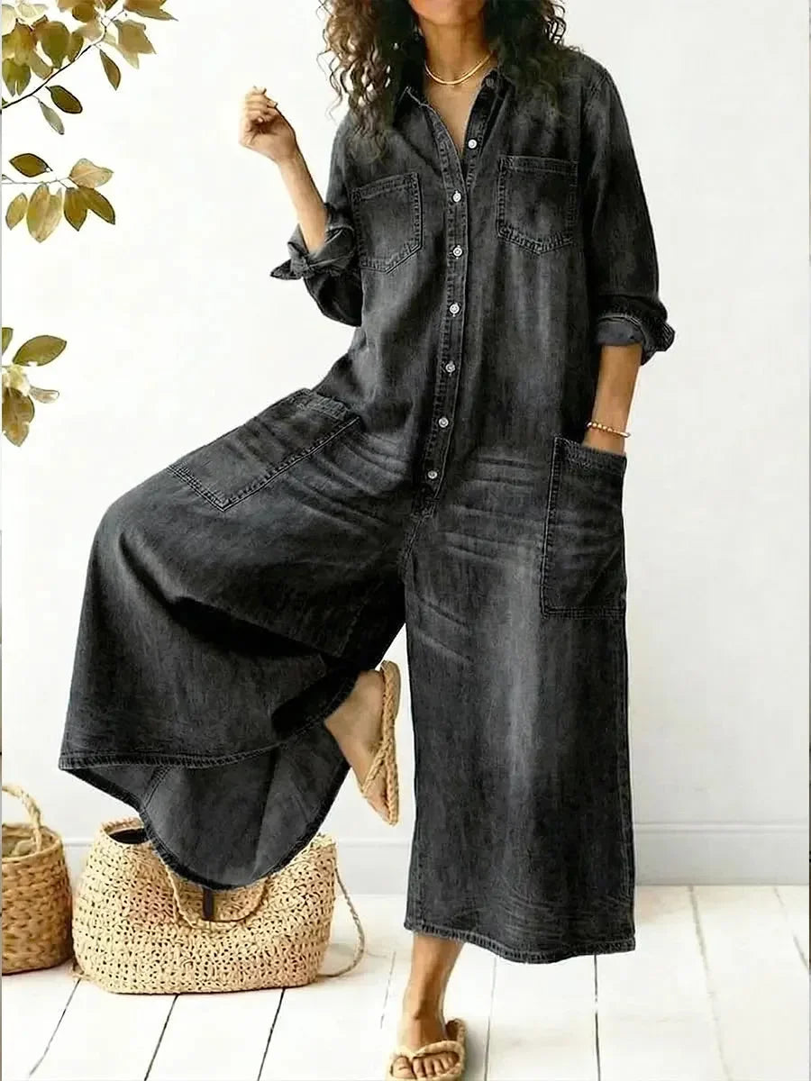 Women's denim jumpsuit with long-sleeve button-front and womens wide leg pants – Black