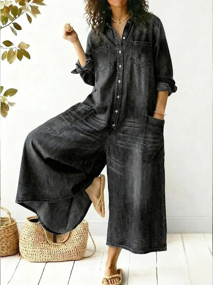 Women's denim jumpsuit with long-sleeve button-front and womens wide leg pants – Black