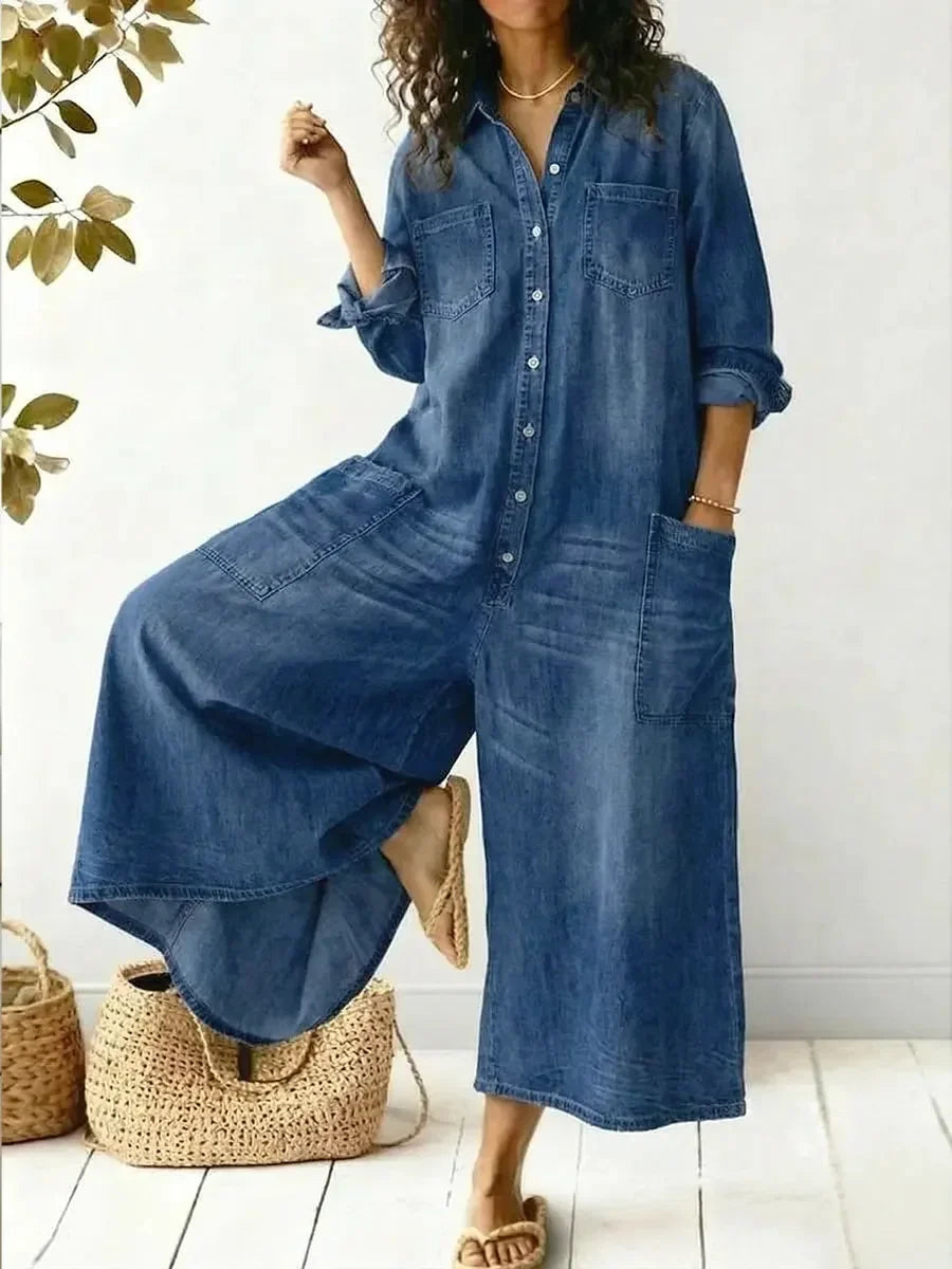 Women's denim jumpsuit with long-sleeve button-front and womens wide leg pants – Blue