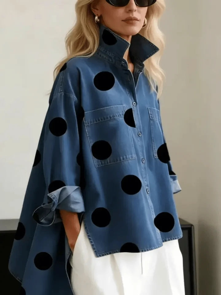 Women's denim polka-dot long-sleeve oversized shirt with button-front high-low hem