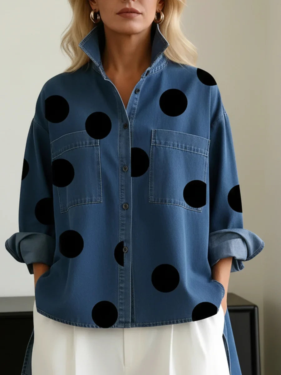 Women's denim polka-dot long-sleeve oversized shirt with button-front high-low hem