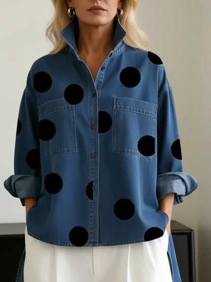 Women's denim polka-dot long-sleeve oversized shirt with button-front high-low hem