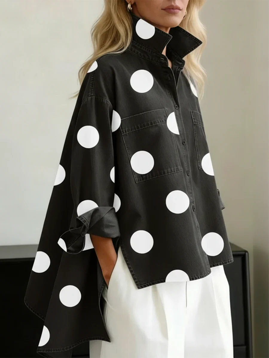 Women's denim polka-dot long-sleeve oversized shirt with button-front high-low hem – Black