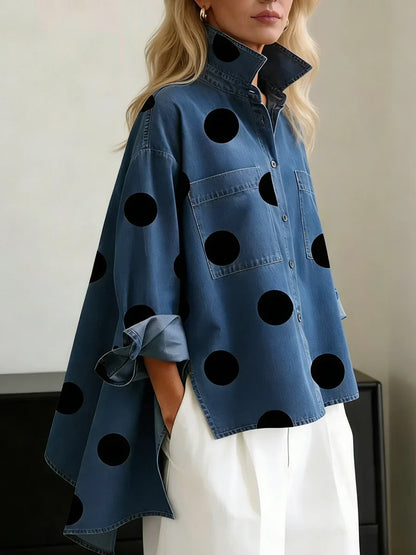 Women's denim polka-dot long-sleeve oversized shirt with button-front high-low hem – Blue