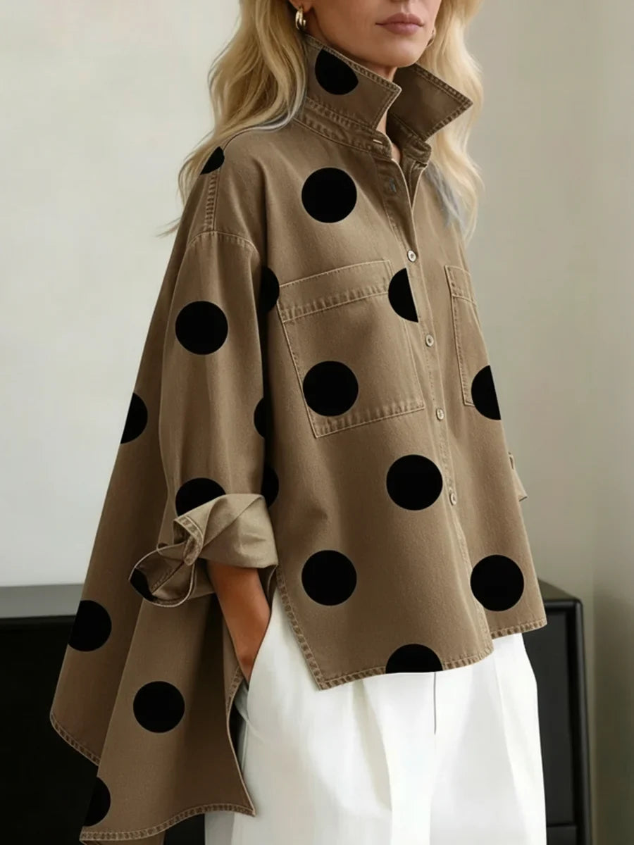 Women's denim polka-dot long-sleeve oversized shirt with button-front high-low hem – Khaki