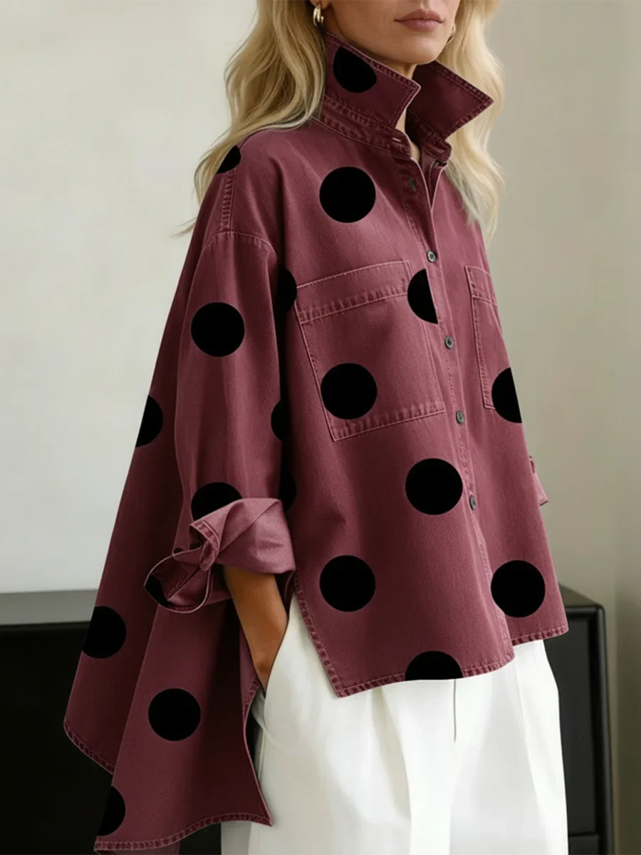 Women's denim polka-dot long-sleeve oversized shirt with button-front high-low hem – Red