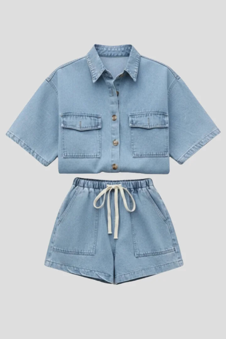 Women's denim short-sleeve collared set with drawstring shorts
