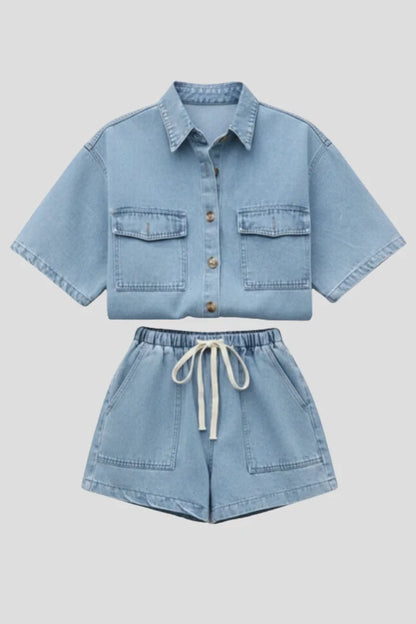 Women's denim short-sleeve collared set with drawstring shorts
