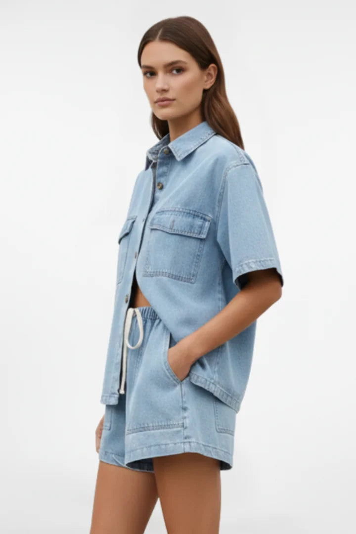 Women's denim short-sleeve collared set with drawstring shorts