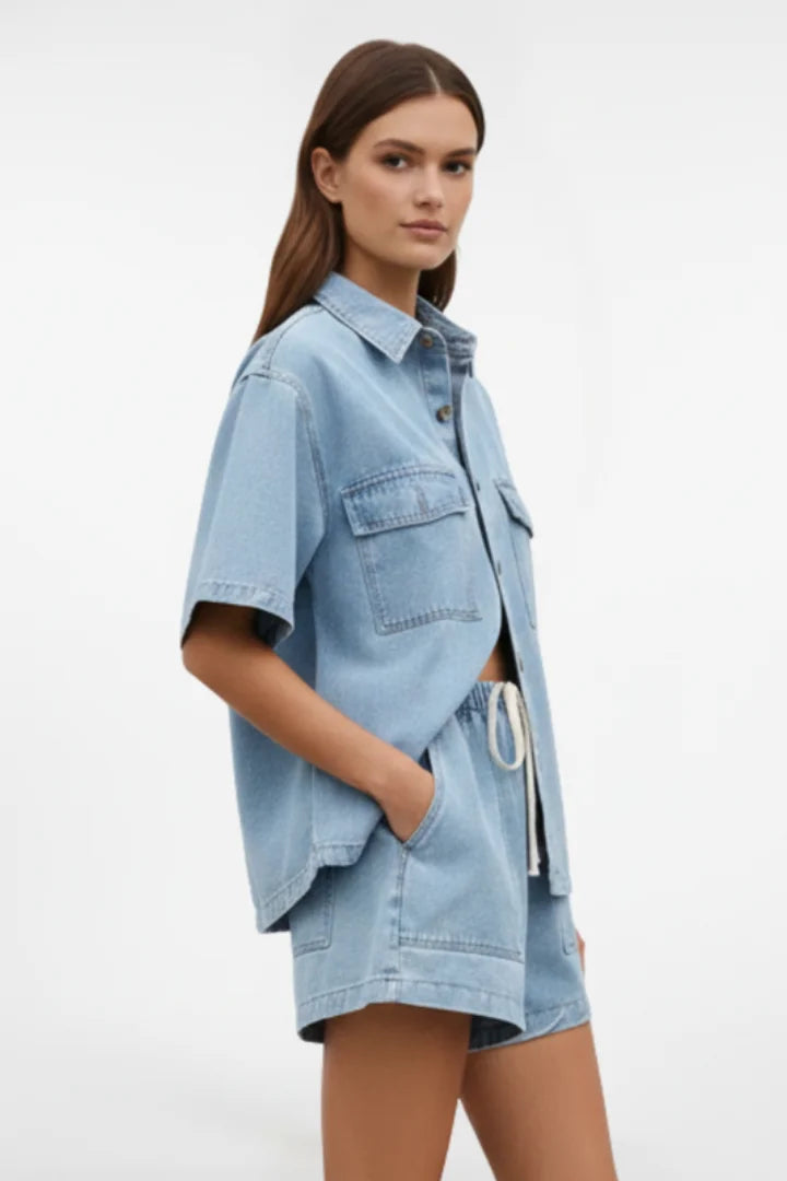 Women's denim short-sleeve collared set with drawstring shorts
