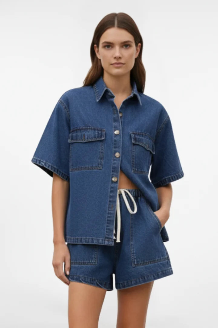 Women's denim short-sleeve collared set with drawstring shorts – Blue