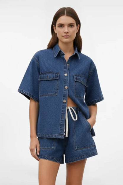 Women's denim short-sleeve collared set with drawstring shorts – Blue