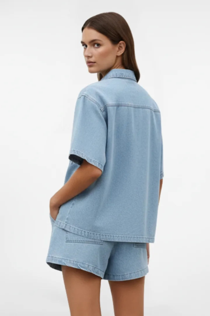 Women's denim short-sleeve collared set with drawstring shorts