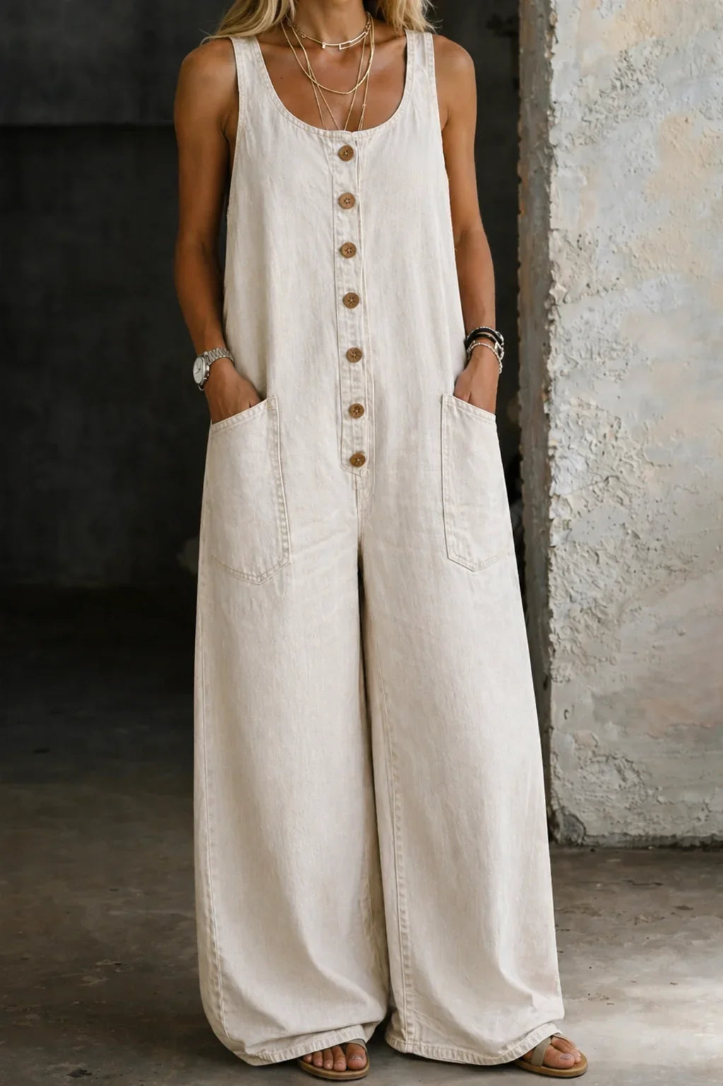 Women's denim sleeveless overalls with button-front and womens wide leg pants