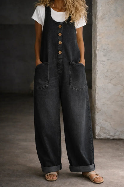 Women's denim sleeveless overalls with button-front and womens wide leg pants