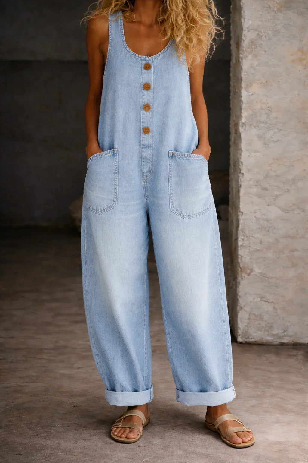 Women's denim sleeveless overalls with button-front and womens wide leg pants