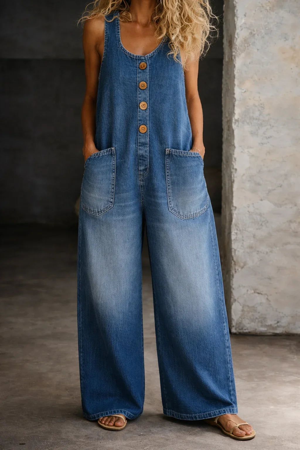 Women's denim sleeveless overalls with button-front and womens wide leg pants